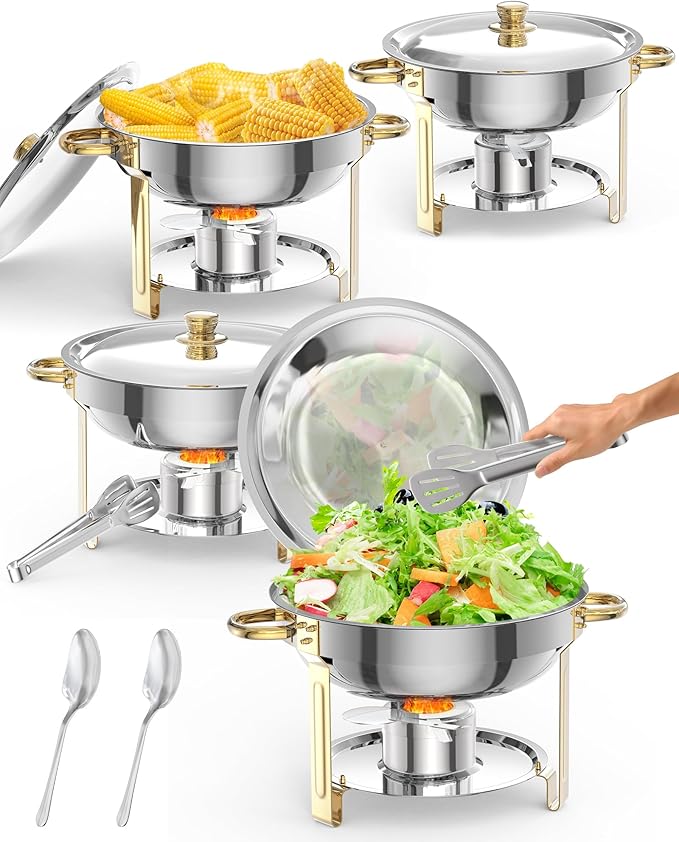 5 QT 4 Packs Chafing Dish Buffet Set, Nsf Round Stainless Steel Chafers and Warmers Food Servers Sets with Lid & Lid Holder, Spoon & Tweezer for Catering Events Parties Weddings Dinners, Gold