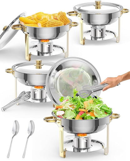5 QT 4 Packs Chafing Dish Buffet Set, Nsf Round Stainless Steel Chafers and Warmers Food Servers Sets with Lid & Lid Holder, Spoon & Tweezer for Catering Events Parties Weddings Dinners, Gold
