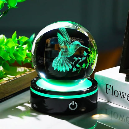 YWHL 3D Crystal Ball Hummingbird Figurine with LED Base, Hummingbird Gifts for Women Men on Christmas Birthday, Hummingbirds Ornament Glass Decorative Ball for Home Decor (80mm)