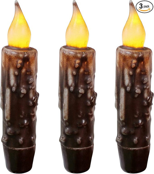 CVHOMEDECO. Real Wax Hand Dipped Battery Operated LED Timer Taper Candles Country Primitive Flameless Lights Décor, 4-3/4 Inch, Brown, 3 PCS in a Package
