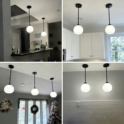 2 Pack 7.2-Inch Globe Pendant Lights, Mid Century Matte Black Pendant Light Fixtures, Globe Pendant Lights Kitchen Island with Milk Glass Shade Hanging Fixture for Dining Room Bulbs not Included