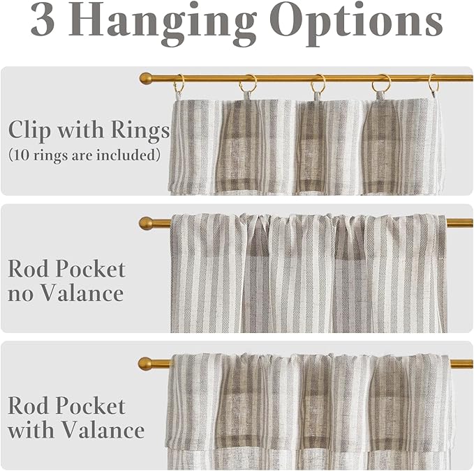 jinchan Striped Linen Kitchen Curtains with Attached Valance 36 Inch Length Cafe Tier Curtains for Living Room Rustic Half Window Light Filtering Rod Pocket Small Drapes 2 Panels Taupe Grey