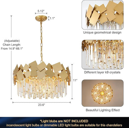 A AXILIXI Modern Crystal Chandelier Gold 24” Round Chandeliers for Dining Room 9 Light Drum Ceiling Pendant Light Fixture K9 Crystal Luxury Semi Flush Mount Chandelier for Foyer Living Room Bedroom