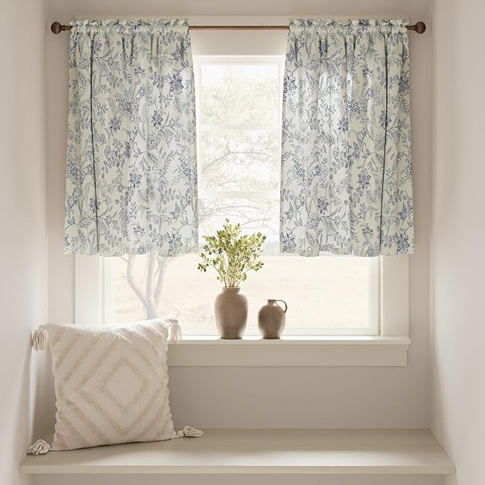 jinchan Floral Kitchen Curtains for Windows 24 Inch Linen Tier Farmhouse Cafe Curtains Country Botanic Small Window Rod Pocket Rustic Flax for Laundry Bathroom RV 2 Panels Blue on Beige