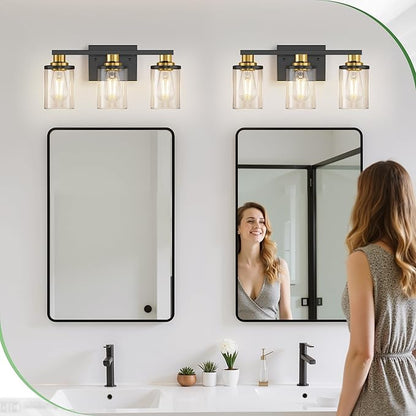 DORESshop Bathroom Light Fixtures, 3-Light Black and Gold Bathroom Lights Over Mirror with Clear Glass Shade,Vanity Lights for Bathroom Hallway Bedroom Living Room, ETL Listed