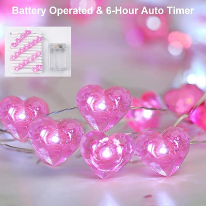 BOHON Valentine Day Decorations, 13 ft 40 LEDs Pink Heart Lights String, Fairy String Lights Battery Operated, Valentine Decor for The Home Indoor Garland Party Galentines Day Decorations Pink