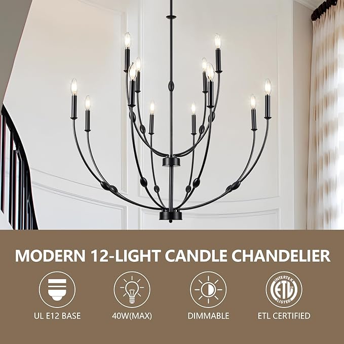 Large 35 Inch 2-Tier Modern Black Chandelier, 12-Light Farmhouse Candle Pendant Light for High Ceiling Foyer Entryway Living Room