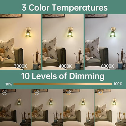 Shenmoyl Vintage Battery Operated Wall Sconces Set of Two, Rechargeable Battery Powered Wall Sconces with Remote Control, Wireless Dimmable LED Light for Bedside Bathroom Living Room (Green Lily)