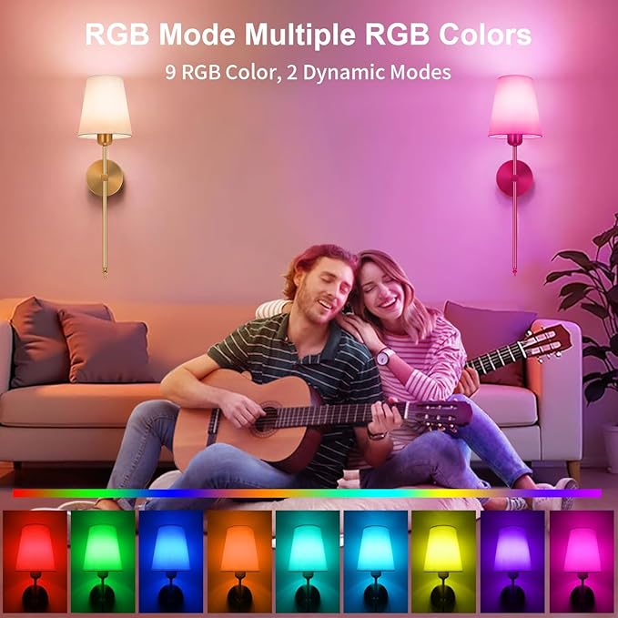 Battery Operated Wall Sconce, Gold Rechargeable Wall Lights with 10000mAh Dimmable Bulbs and 3 Dynamic Modes, 12 Colors Wireless Wall Lamps with Remote for Bedroom Living Room Hallway Decor, 2 Pack