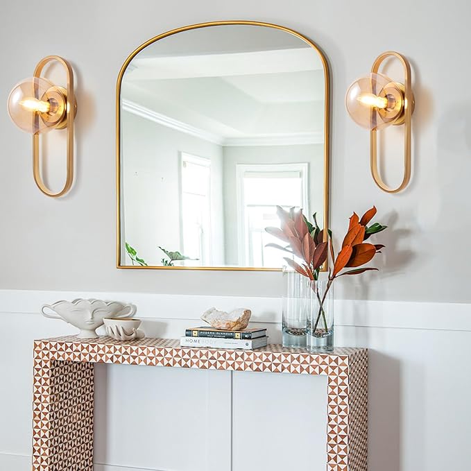 Gold Wall Lamp Sconces Set of 2 with Amber Globe Glass Shade - Wall Lights for Living Room & Bedrooms
