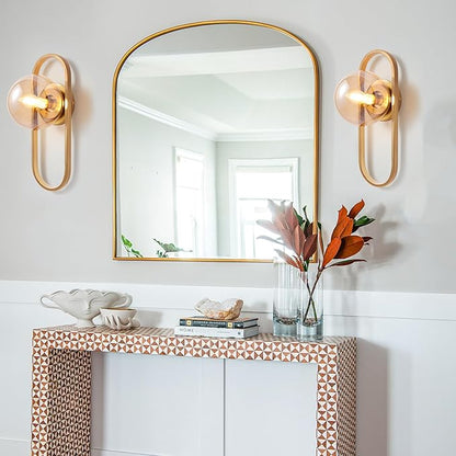 Gold Wall Lamp Sconces Set of 2 with Amber Globe Glass Shade - Wall Lights for Living Room & Bedrooms