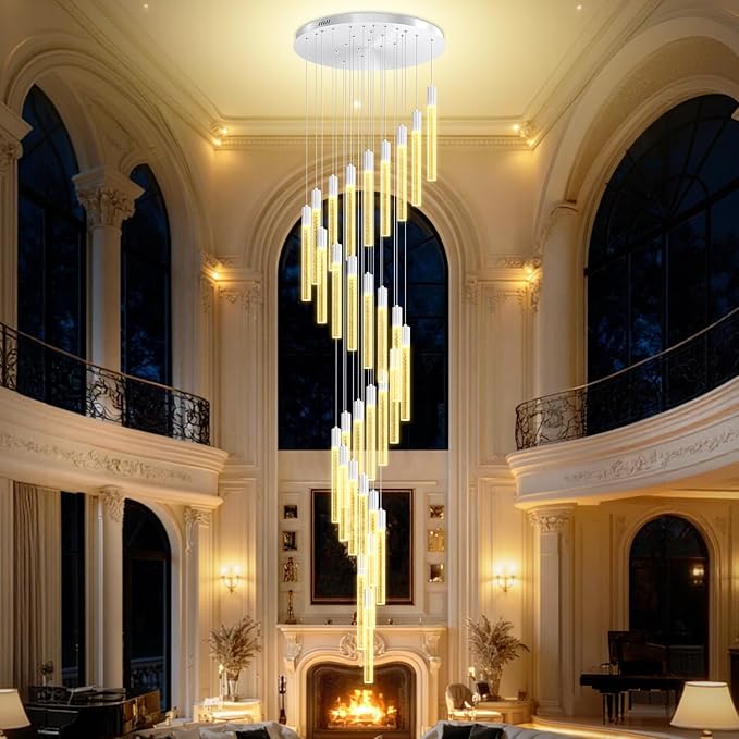 D28inxH177in Long Crystal Column Chandelier Large Staircase Chandelier for High Ceiling 30-Light Dimmable LED Pendant Lighting Foyer Entryway Light Source is Replaceable