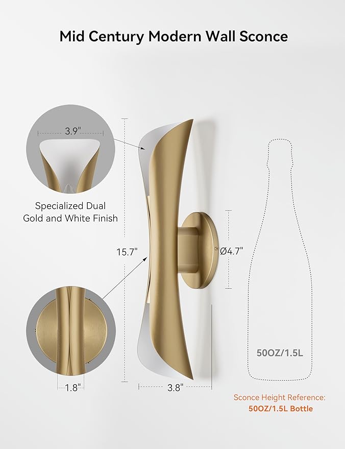 Tubicen Wall Sconces Gold Movie Theater Sconces Wall Lighting Up and Down 15.7" H Hardwired Dimmable Indoor Mid Century Modern Wall Lights for Living Room Bedroom Hallway Stairway Entry