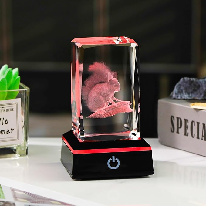 YWHL 3D Crystal Squirrel Figurine with Colorful Light Base, Laser Engraved Squirrel Gifts for Women Men on Birthday Christmas, Animal Figurine Collection for Home Decor