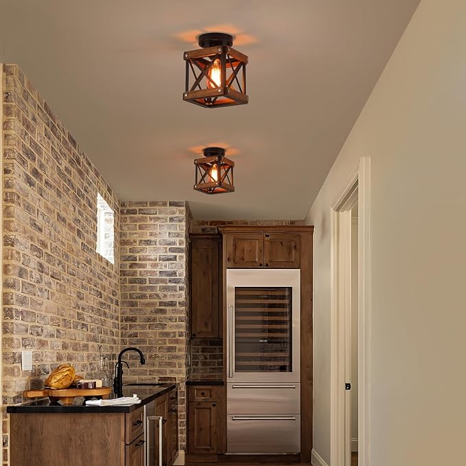 Rustic Farmhouse Wood Flush Mount Ceiling Light Fixture Oak Wood and Metal Square Cage Small Semi Flush Mount Ceiling Light for Kitchen Hallway Entry Bedroom Country Farmhouse, Black