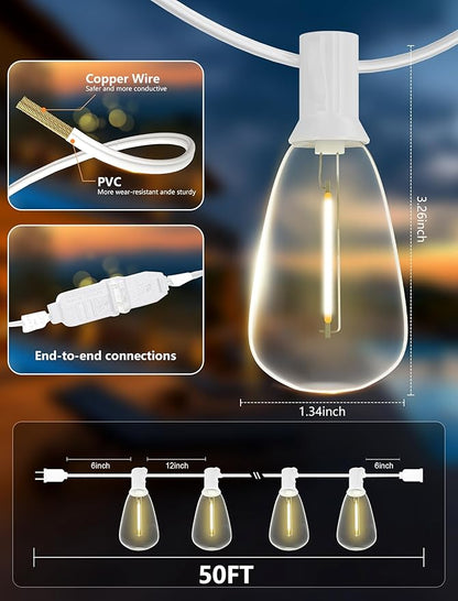 50FT Outdoor LED String Lights, White String Lights with 25 Shatterproof ST35 LED Vintage Edison Bulbs, Waterproof Hanging Patio Lights for Outside Backyard Garden