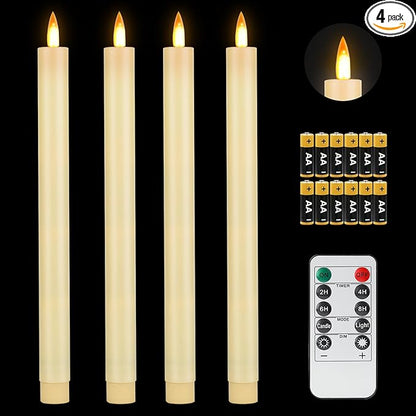 Fanna 4 Ivory Flameless Taper Candles with Dynamic Flickering Flames for Christmas and Weddings, Battery Operated Plastic LED Candlesticks with Timer and Remote, 12 Batteries Included - H 11"