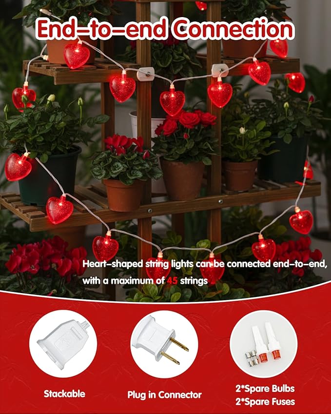 SUNSGNE Red Heart String Lights Valentines Lights, 8.5FT Plug in Fairy String Lights with 10 LED Red Heart Bulbs for Indoor Outdoor Home Room Party Wedding Valentine's Decor, White Wire