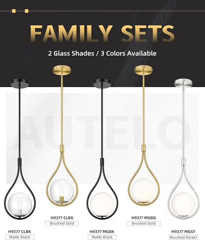 AUTELO Modern Pendant Lights Kitchen Island, 1-Light Pendant Lights in Brushed Nickel Finish with Milky White Globe Glass, Nickel Pendant Light Fixtures, Hanging Lamp for Kitchen Island H9377 MGST