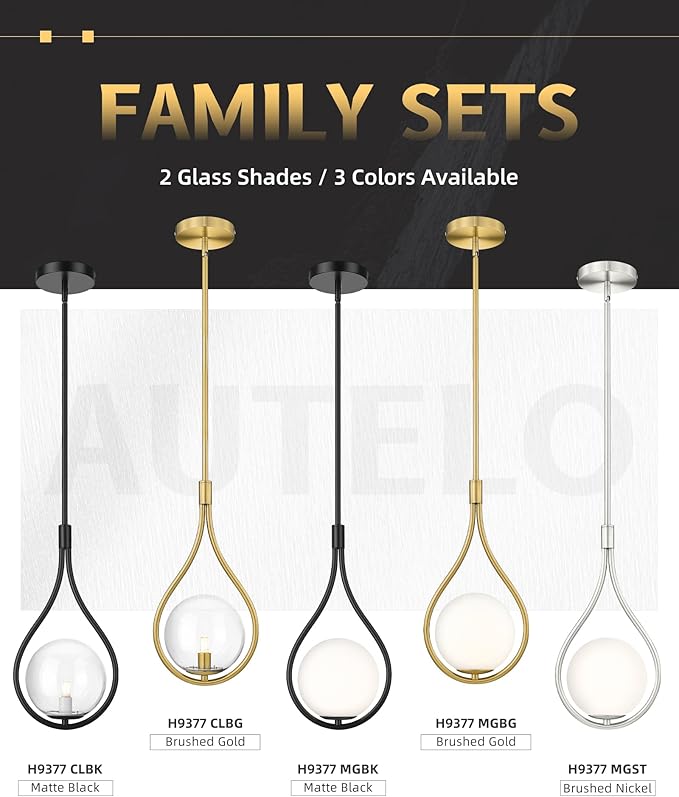 Autelo 2 Pack Pendant Lights Kitchen Island, 1-Light Pendant Lights in Brushed Nickel Finish with Milky White Globe Glass, Nickel Pendant Light Fixtures, Hanging Lamp for Kitchen Island H9377 MGST-2PK