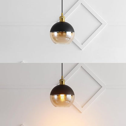 JONATHAN Y 7.5" Brass Gold/Black 1-Light Mid-Century Modern Globe Pendant Light, Adjustable LED Hanging Ceiling Fixture, Champagne Smoked Glass Shade for Kitchen Island (JYL3513A-SET2)
