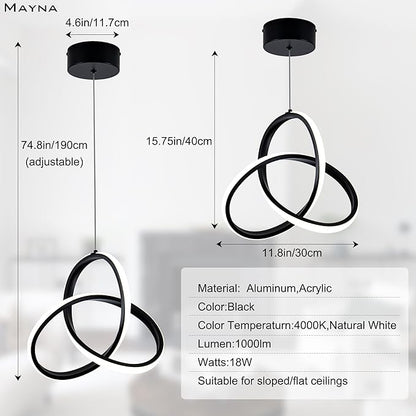 MAYNA Modern Spiral Led Pendant Light, 4000K Natural White Pendant Light Kitchen Island, 18W Adjustable Height Island Light Fixture for Kitchen Bedroom Kitchen Island Cafe, 1 Pack (Black)