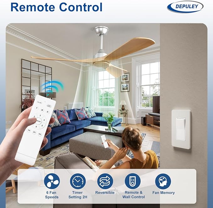 Depuley Ceiling Fan Without Light: 52 Inch 3 Blade Indoor Outdoor Fans for Patios - Wood Ceiling Fan No Light Remote APP Control Ultra Quiet DC Motor Reversible 6 Speed Timer