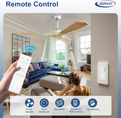 Depuley Ceiling Fan Without Light: 52 Inch 3 Blade Indoor Outdoor Fans for Patios - Wood Ceiling Fan No Light Remote APP Control Ultra Quiet DC Motor Reversible 6 Speed Timer
