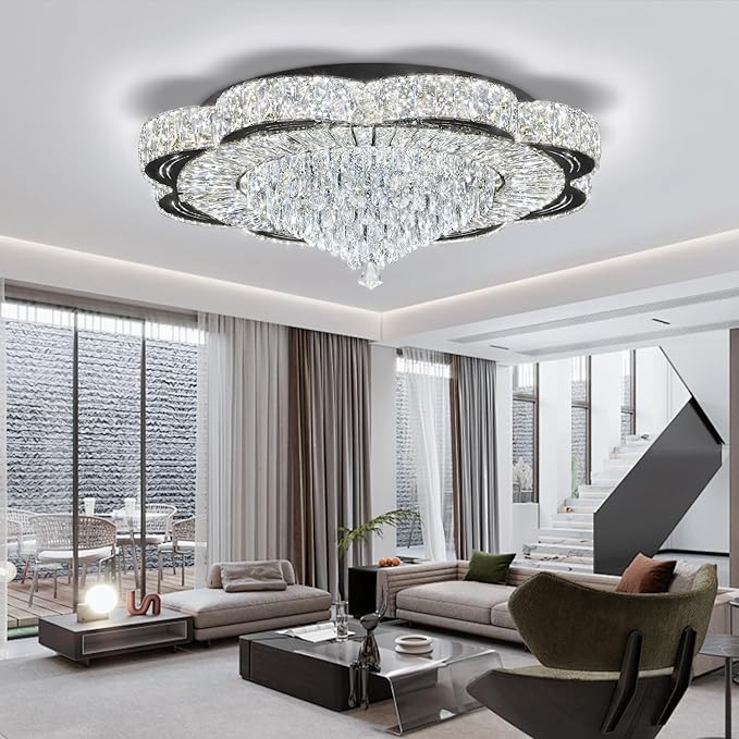 Modern Crystal Chandelier for Living Room Black 32in Crystal Raindrop Ceiling Light for Room Bedroom LED Dimmable 2700-6000K