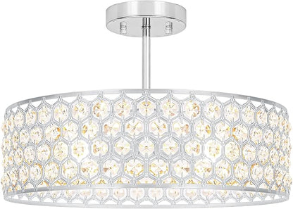 Lxybcce Chrome Crystal Ceiling Light Fixture - Modern Semi Flush Mount Ceiling Chandelier Lighting for Kitchen, Dazzling Prism Chandelier for Bedroom, Bathroom, Dining Room, 5 Light, 16 in