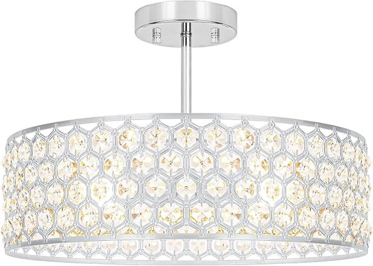 Lxybcce Chrome Crystal Ceiling Light Fixture - Modern Semi Flush Mount Ceiling Chandelier Lighting for Kitchen, Dazzling Prism Chandelier for Bedroom, Bathroom, Dining Room, 5 Light, 16 in