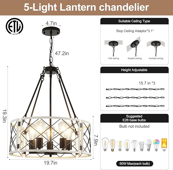 21'' Farmhouse Chandelier, 5-Light Black & Vintage White Dining Room Light Fixture Over Table, Rustic Industrial Drum Hanging Pendant Lights for Kitchen Island Living Room Bedroom Hallway Entryway