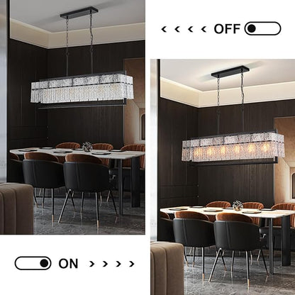 Modern Chandeliers for Dining Room, 6-Light Large Black Rectangle Kitchen Island Lighting with Water Ripple Glass, 42” Crystal Linear Chandelier Light Fixture Over Table for Living Room