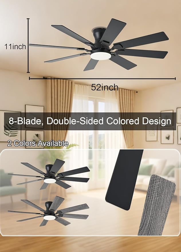 JSAITEE 52 inch Ceiling Fan with Light, 6 Speeds Reversible Low Profile Ceiling Fan with Light and Remote/APP Control, 3 Color Temp+Dimmable RGB, 8 Blades, Flush Mount Quiet Ceiling Fans, Black