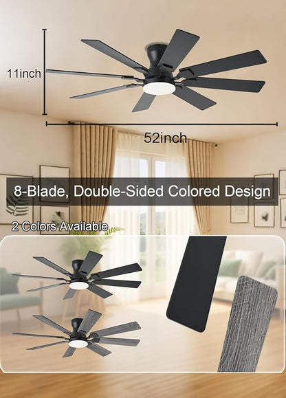 JSAITEE 52 inch Ceiling Fan with Light, 6 Speeds Reversible Low Profile Ceiling Fan with Light and Remote/APP Control, 3 Color Temp+Dimmable RGB, 8 Blades, Flush Mount Quiet Ceiling Fans, Black