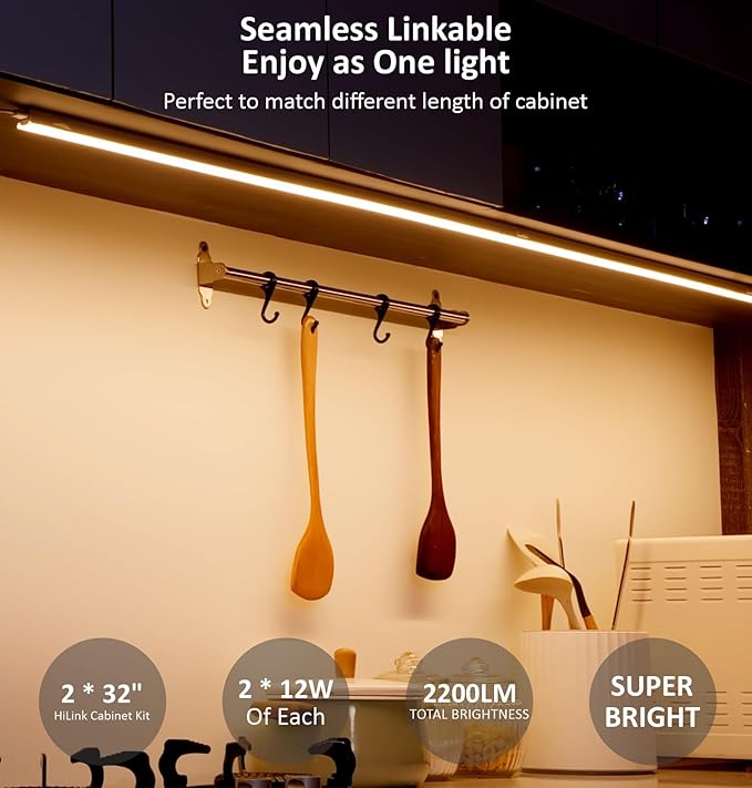 Leetdud Under Cabinet Lighting Plug in, 32 Inch 2 Pcs, Linkable AC120V 3CCT 3000K/4000K/5000K Ultra Slim, LED Under Cabinet Lights for Counter Light, Kitchen, Shelf, Sink, Workshop, Desk, White