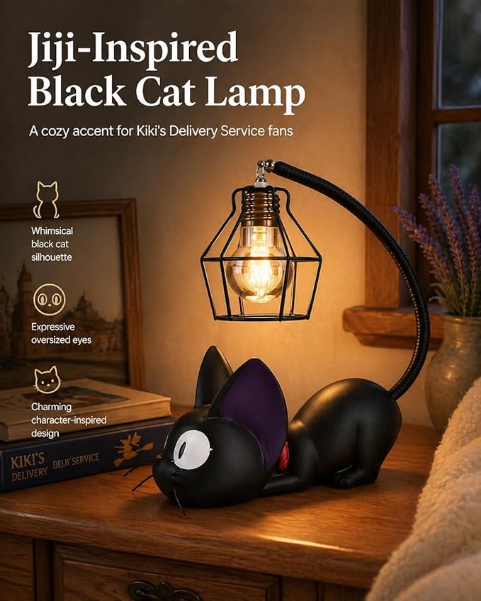 OVANUS Jiji Cat Lamp, Kiki's Delivery Service Night Light, Studio Ghibli Inspired Resin Black Cat Lamp for Bedroom Desk Shelf Decor, Gift for Anime Fans