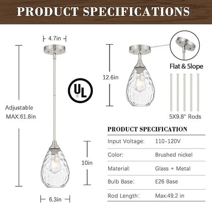Glass Pendant Lights Kitchen Island, 1-Light Modern Brushed Nickel Pendant Light Fixtures with Hammered Glass and Rods, Small Hanging Light for Kitchen Sink Dining Room Bathroom
