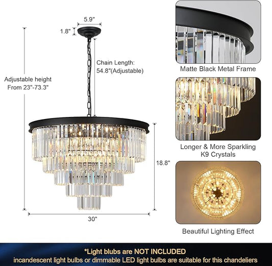 A AXILIXI Large Crystal Chandelier Modern Black 30" Round Chandeliers for Staircase K9 5-Tier Large Ceiling Pendant Light Fixtures Luxury Chandelier for High Ceiling Foyer Living Room Bedroom