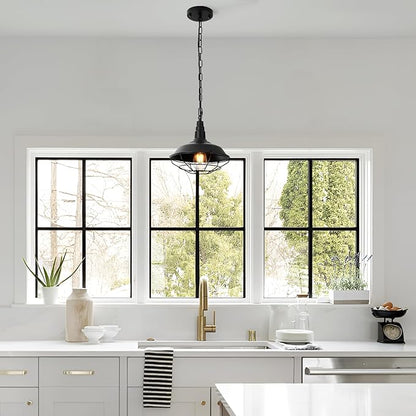 Black Pendant Light Kitchen Island 3 Pack, Farmhouse Pendant Light with Metal Wire Cage, Industrial Hanging Lights for Kitchen Sink Barn Dining Room