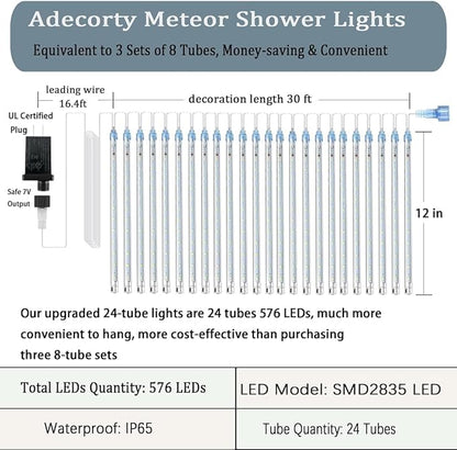 Adecorty Christmas Lights Outdoor UL Certified 24 Tubes 576 LEDs (Equivalent to 3 Sets of 8 Tubes) Meteor Shower Light Falling Rain Drop Icicle Lights for Christmas Decorations Decor, Multicolor