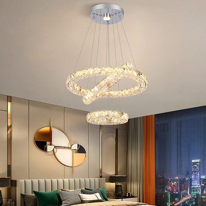 3 Rings Modern Crystal Flush Mount Chandelier - 3-Colors Changeable Crystal, 15.7''+11.8''+7.8'' LED Ceiling Light DIY Adjustable, Living Room, Hotel, Office