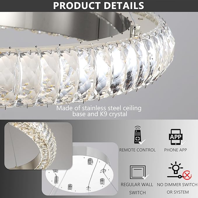 16" Ring Modern LED Dimmable Crystal Chandelier Adjustable Height Pendant Light Round Crystal Chandelier Light Fixtures for Dining Room Living Room Kitchen Island Silver