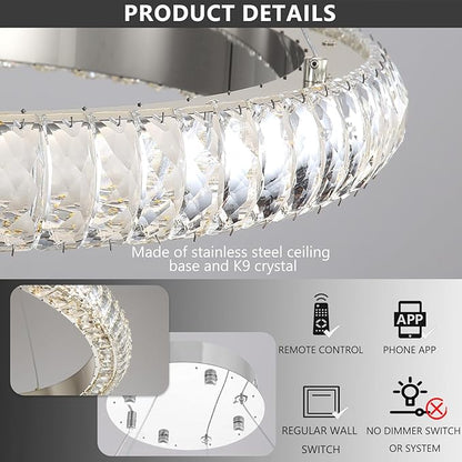 16" Ring Modern LED Dimmable Crystal Chandelier Adjustable Height Pendant Light Round Crystal Chandelier Light Fixtures for Dining Room Living Room Kitchen Island Silver
