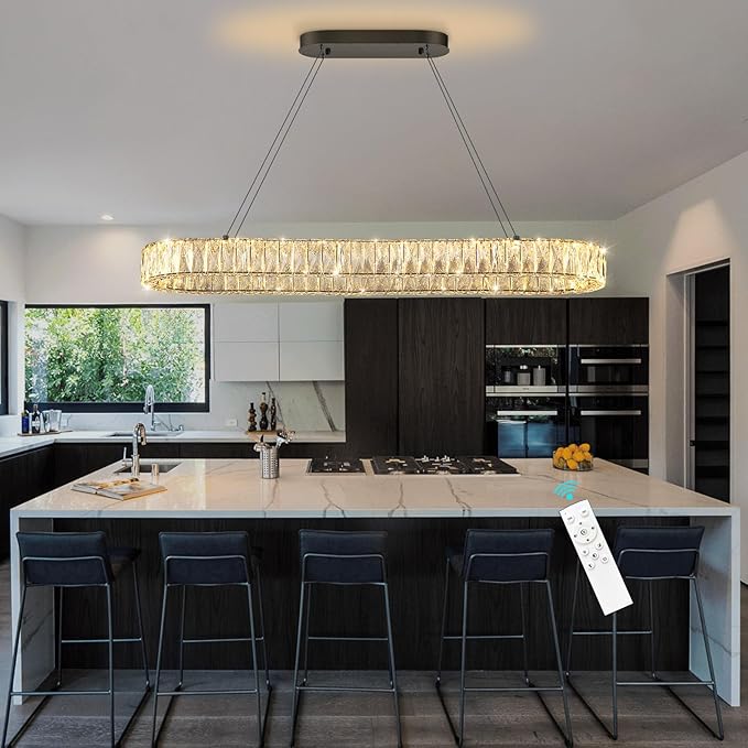 HAIXIANG LED Long Chandeliers for Dining Table Modern Chandelier Dimmable Pendant Lights Crystal Rectangular Glam Lighting Fixtures for Dining Room Kitchen Island Black
