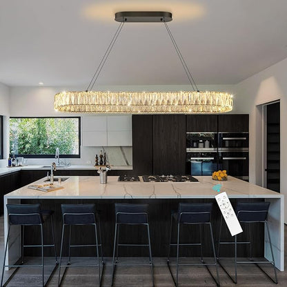 HAIXIANG LED Long Chandeliers for Dining Table Modern Chandelier Dimmable Pendant Lights Crystal Rectangular Glam Lighting Fixtures for Dining Room Kitchen Island Black