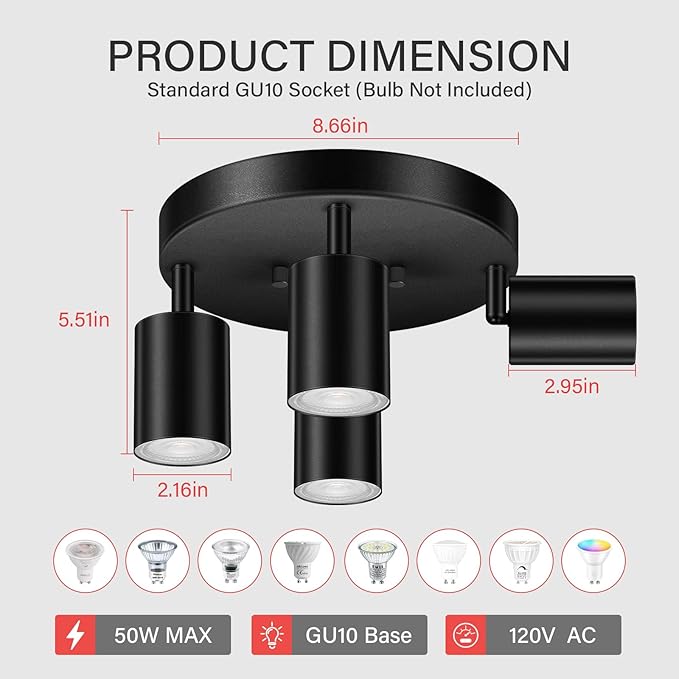 AUQUEE LED 4 Light Track Lighting Kit, LED Track Lighting Fixtures, Black Round Ceiling Spot Lighting, Flexibly Rotatable Light Head for Kitchen, Living Room, Bedroom, GU10 Bulb Not Included