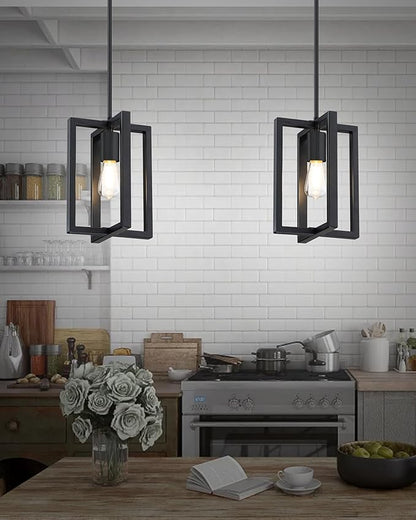 2 Pack 1 Light 7.3" Hanging Farmhouse Indoor Kitchen Island Pendant Light Lantern Cage Black Finish,for Kitchen Island Over Sink Dining Room,Adjustable Length UL Certification