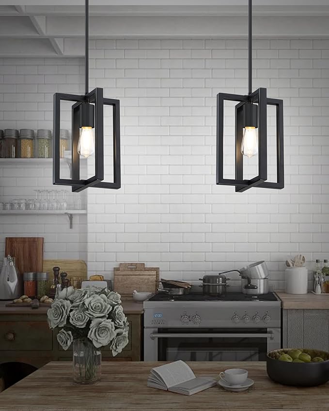3 Pack 1 Light 7.3" Hanging Farmhouse Indoor Kitchen Island Pendant Light Lantern Cage Black Finish,for Kitchen Island Over Sink Dining Room,Adjustable Length UL Certification