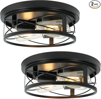 2 Pack Farmhouse Ceiling Light - Dimmable Rustic Black Flush Mount E26(not incude Bulb) Industrial Ceiling Modern Led Light for Hallway Bathroom Kitchen Bedroom (Black, 10 Inch)